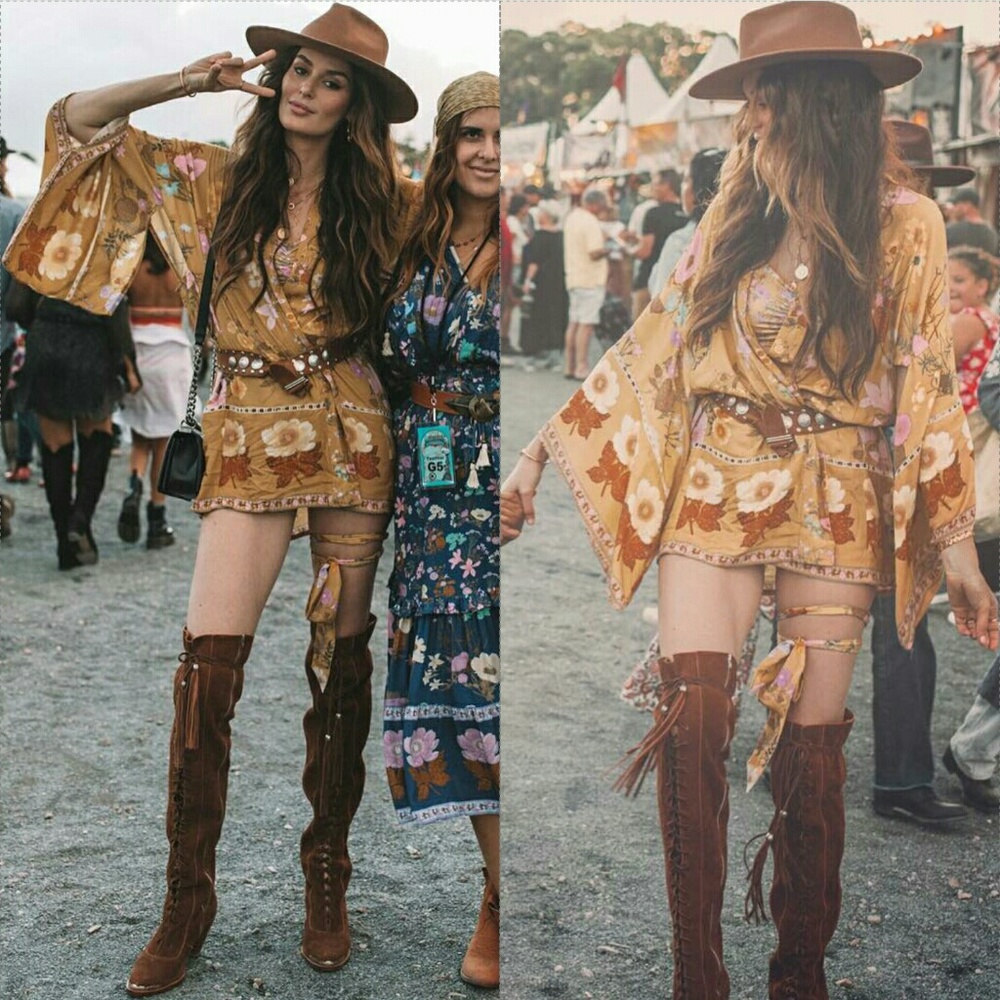 New spell wild bloom short robe kimono mustard S/M - Picture 7 of 8